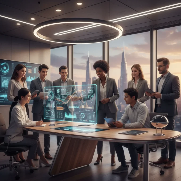 Modern leader coaching diverse team in a collaborative 2026 office environment
