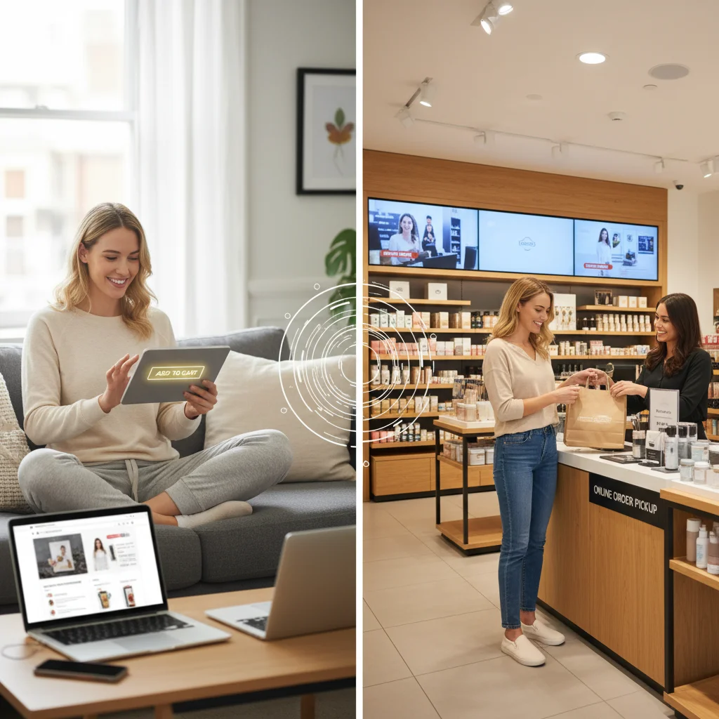 Omnichannel retail experience showing customer journey from online to in-store pickup