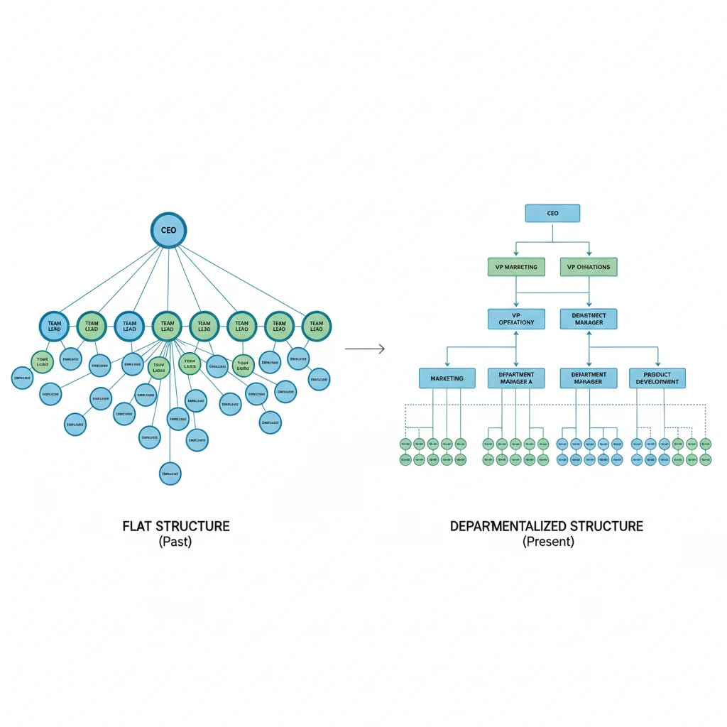 Evolving organizational chart demonstrating structural changes for a 100-employee company.