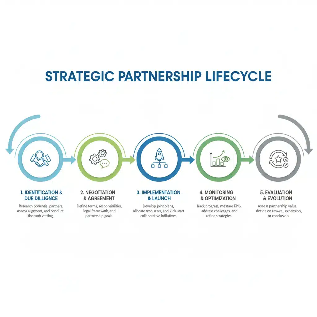 Infographic showing stages of strategic partnership formation and management.