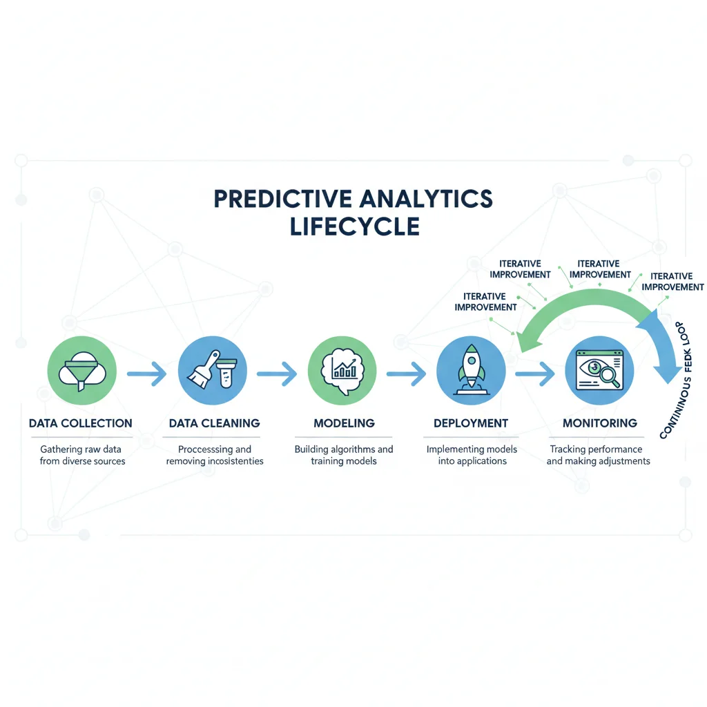 Predictive analytics lifecycle infographic with data flow