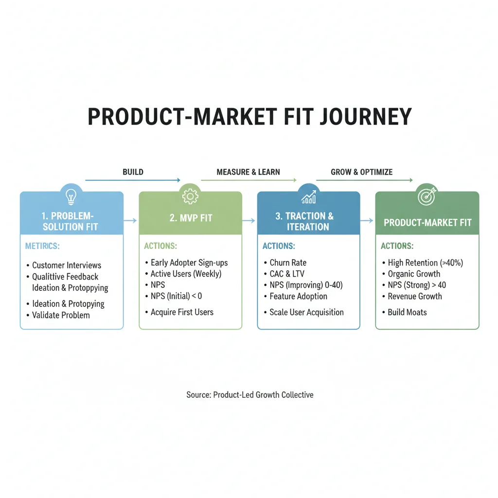 Infographic showing stages of product-market fit and key metrics
