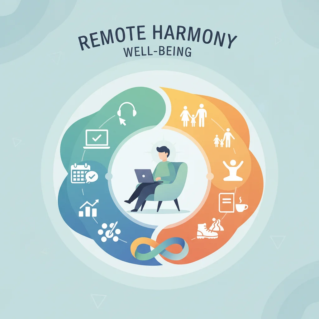 Graphic depicting work-life balance for a remote employee, showing professional and personal activities.