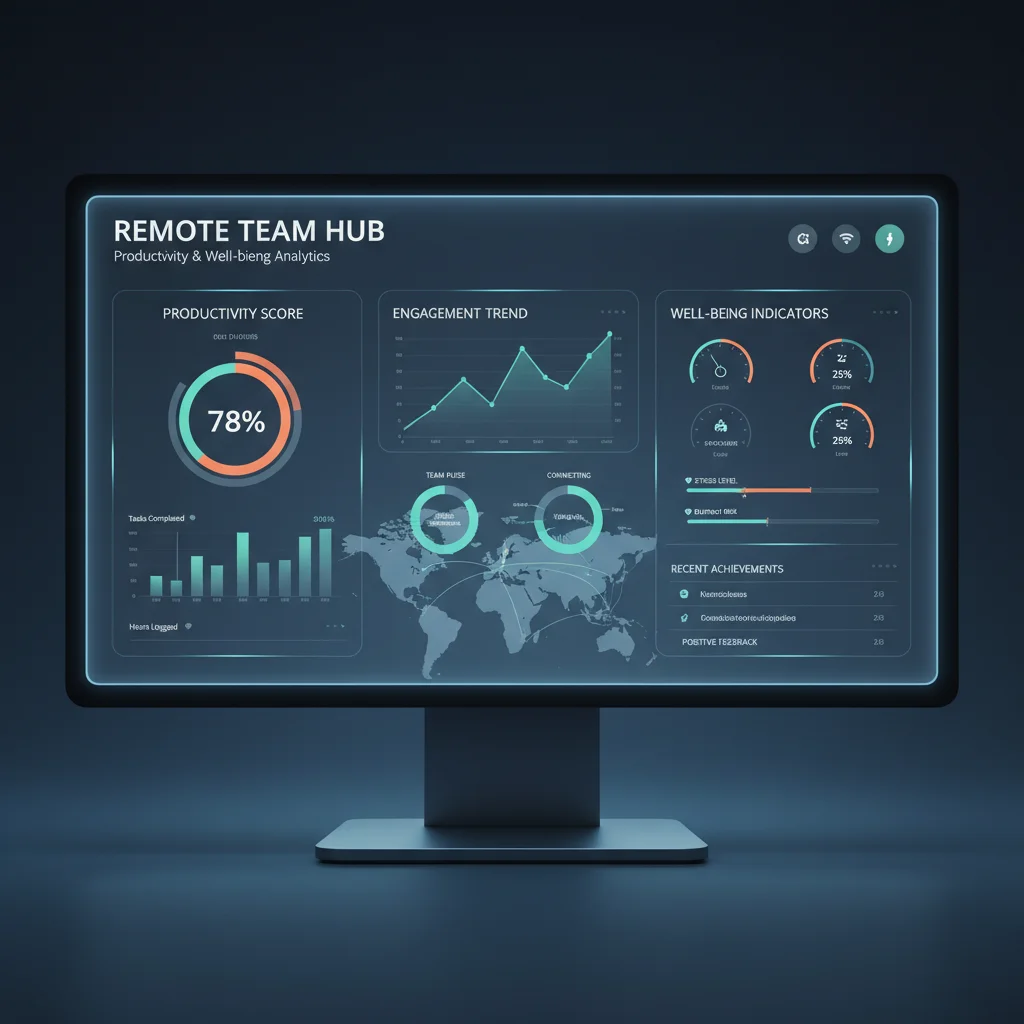Digital dashboard showing remote employee productivity, engagement, and well-being metrics.