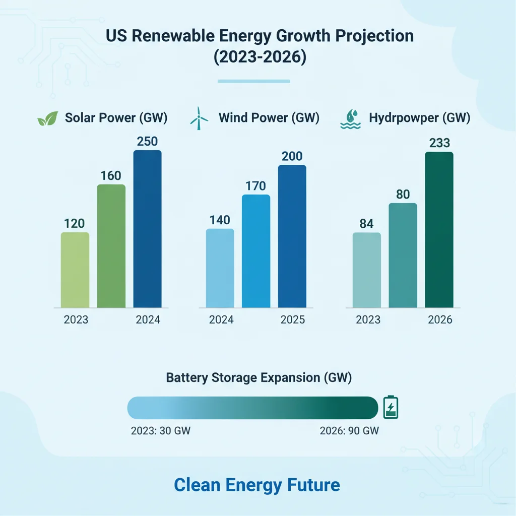 Infographic showing projected growth of US renewable energy sources through 2026.