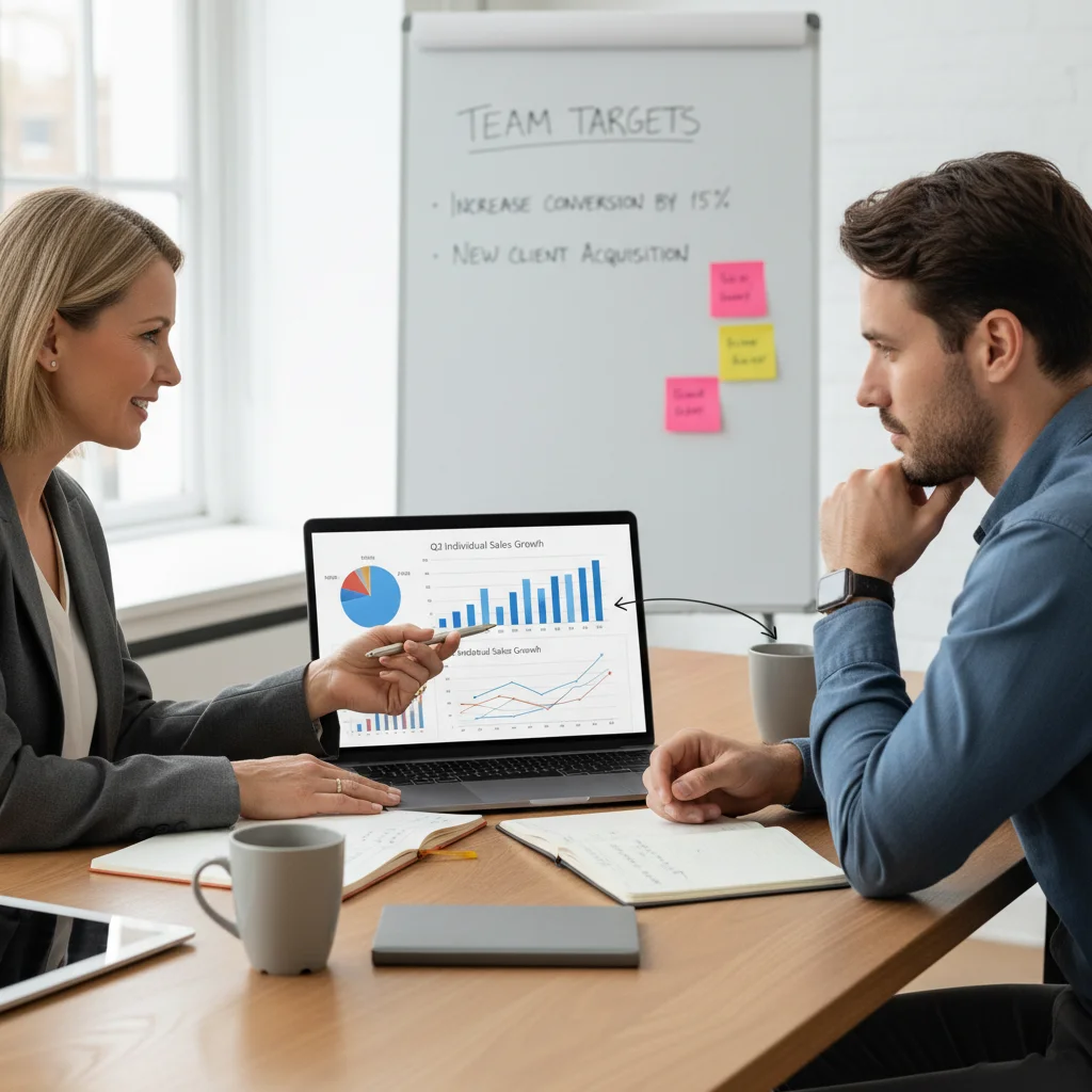 Sales manager coaching representative on performance and skill development.