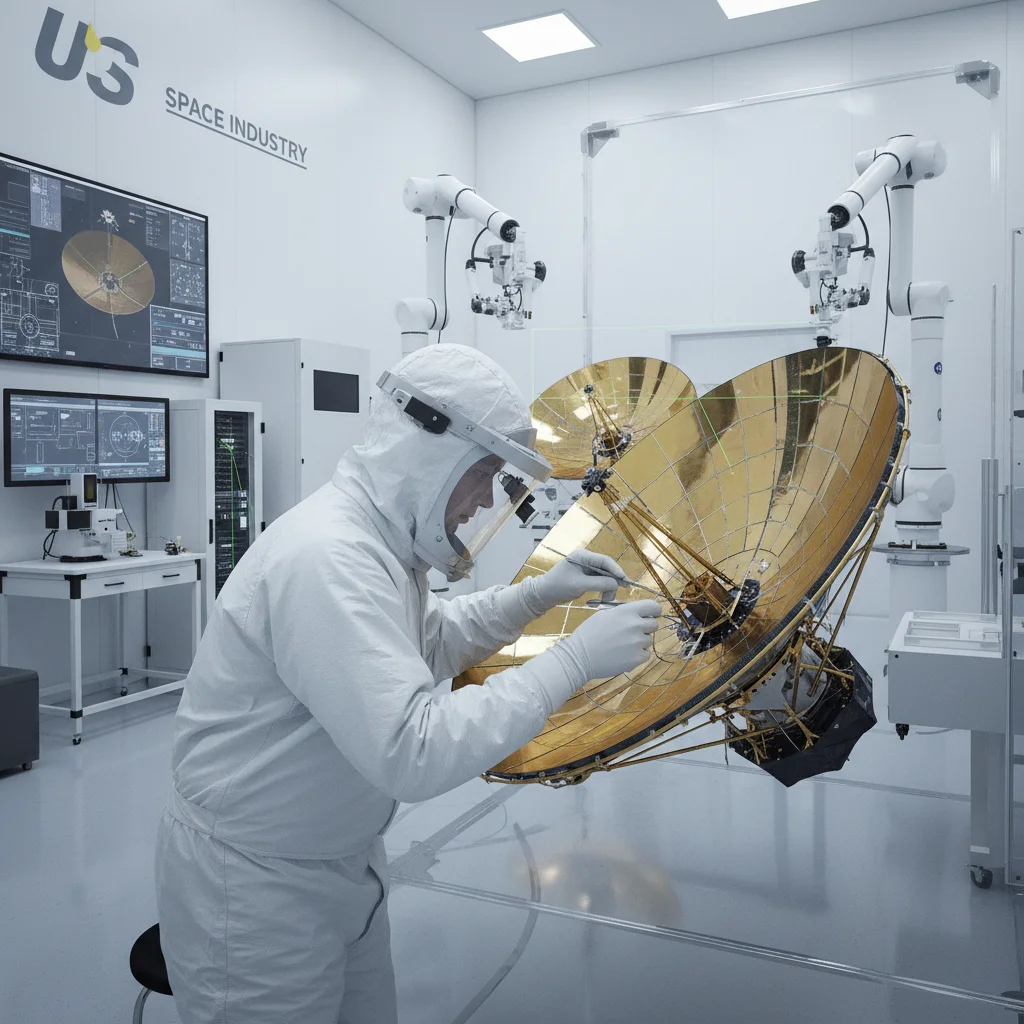 Scientist inspecting satellite component in high-tech cleanroom, emphasizing precision.