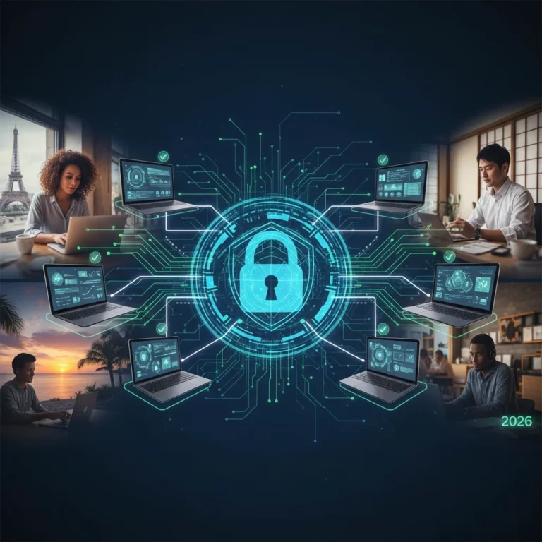 Secure remote work network with connected devices and cyber protection