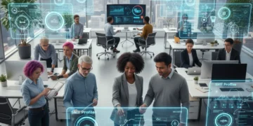 Diverse professionals demonstrating skills in a modern office, symbolizing skills-based hiring.