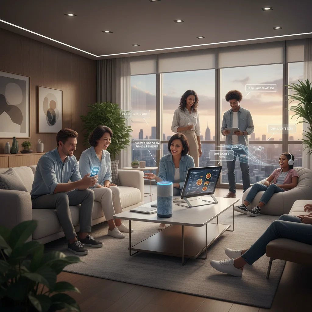 People interacting with smart home devices for voice search and interactive audio.