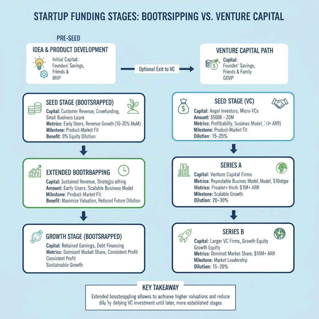 Startup funding stages infographic contrasting bootstrapping with venture capital