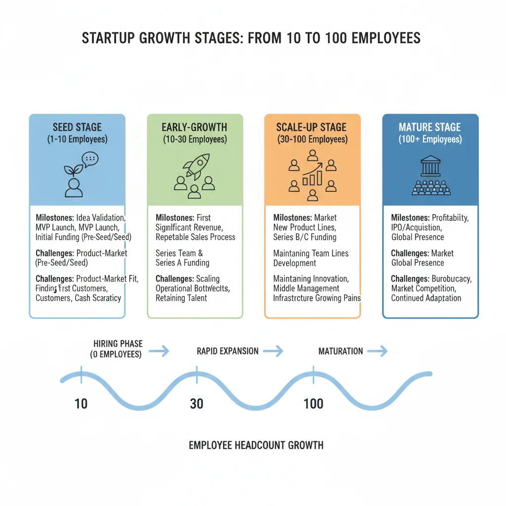 Infographic showing startup growth stages, from initial team to scaling for 100 employees.