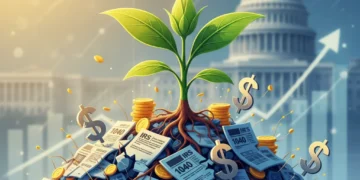 Illustration of startup growth emerging from tax documents, representing US tax laws and reinvestment.