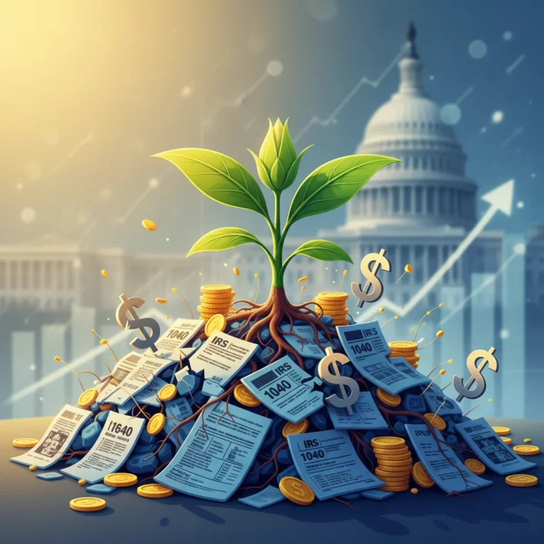 Illustration of startup growth emerging from tax documents, representing US tax laws and reinvestment.