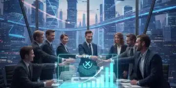 Professionals shaking hands over digital growth charts, symbolizing successful startup partnerships.