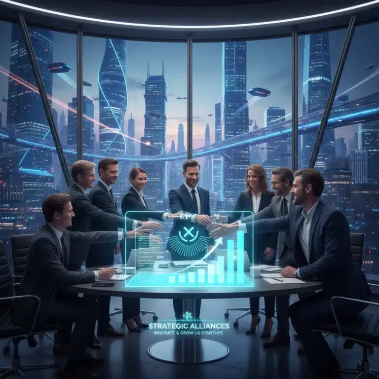 Professionals shaking hands over digital growth charts, symbolizing successful startup partnerships.
