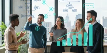 Startup team collaborating on product-market fit strategy and user retention goals