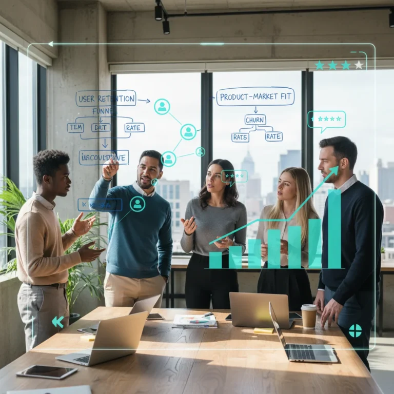 Startup team collaborating on product-market fit strategy and user retention goals