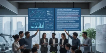 Startup team analyzing complex US regulatory changes on a large screen in a modern office.
