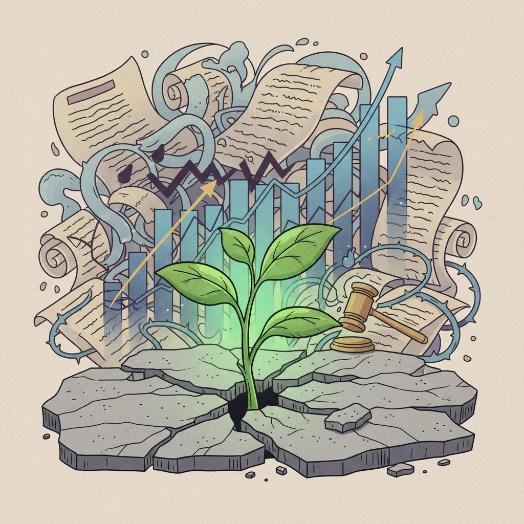 Small plant growing through concrete with legal documents, symbolizing startup resilience and growth against regulations.