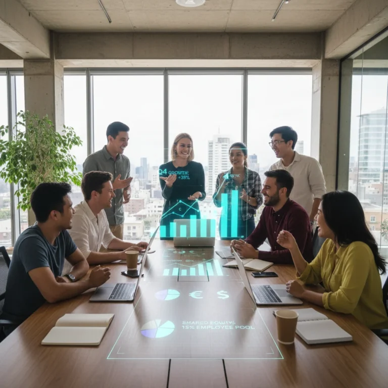 Diverse startup team collaborating around a table, symbolizing shared ownership and growth through employee equity.