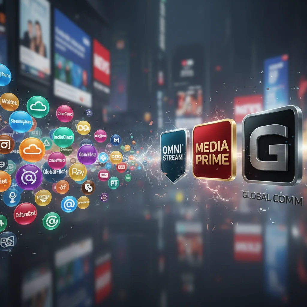 Streaming platform logos merging into larger entities, symbolizing market consolidation