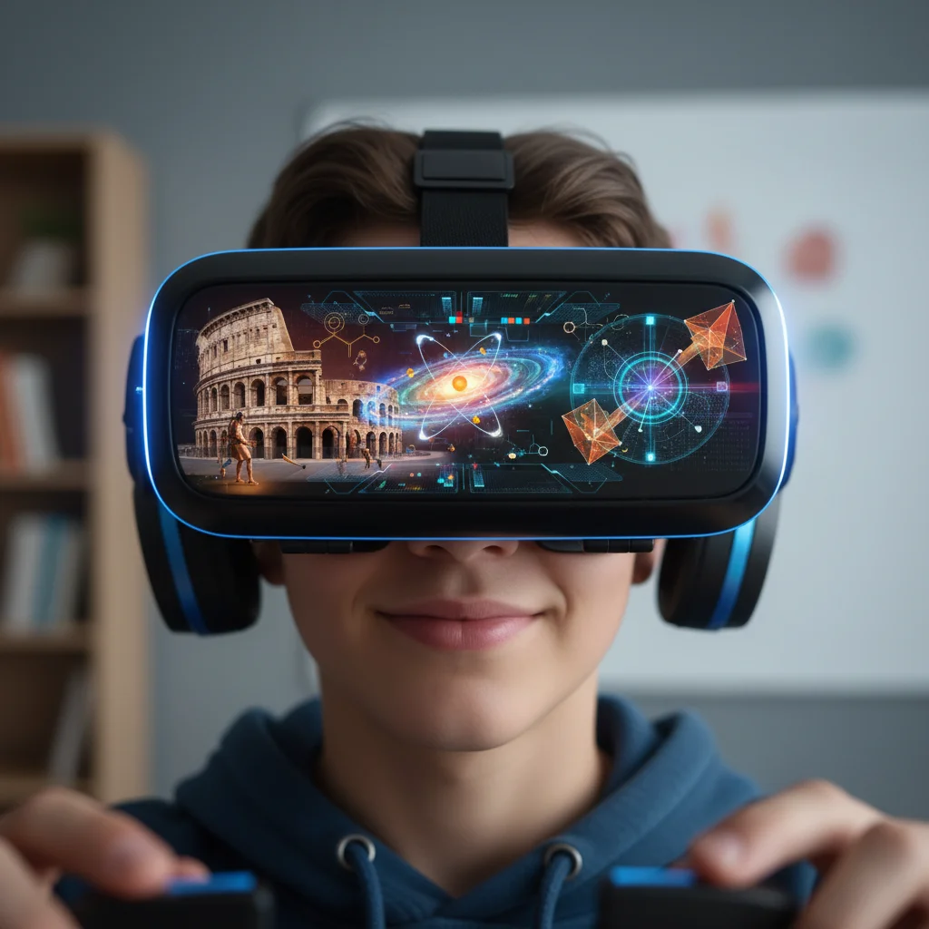 Student deeply immersed in a virtual reality learning experience, exploring a simulated educational environment.