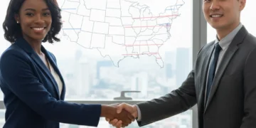 Business professionals shaking hands, symbolizing successful US strategic partnerships for startup growth.