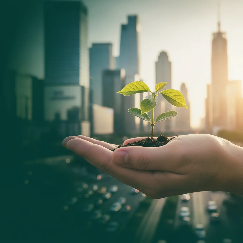 Hand holding a sapling against a city backdrop, symbolizing sustainable business growth.