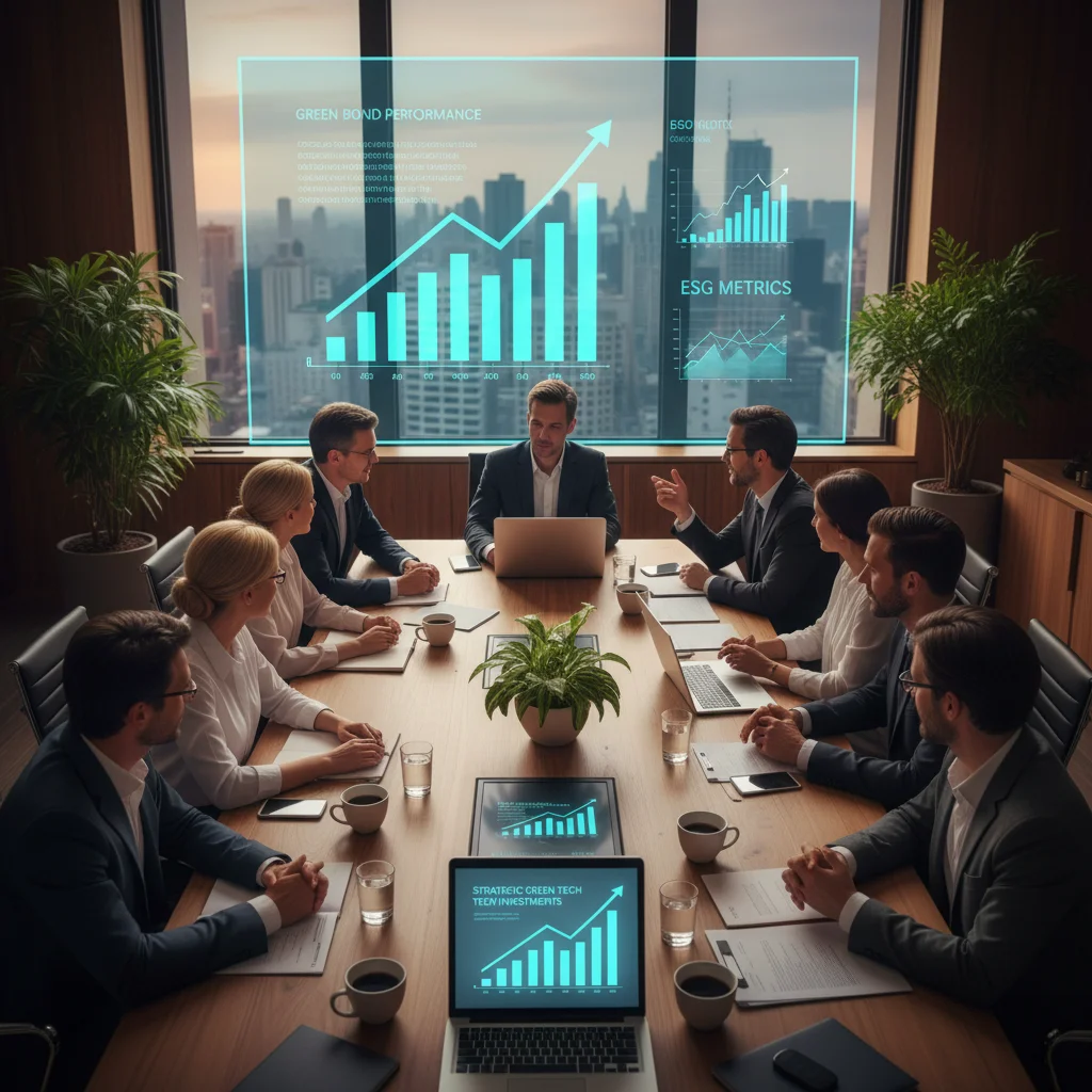 Business leaders analyzing green bond performance and ESG investment strategies