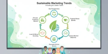 Infographic showing six sustainable marketing trends expected by US consumers by 2026, with diverse people interacting with eco-friendly products.