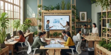 Professionals collaborating in an eco-friendly office, representing sustainable workforce practices and green HR.