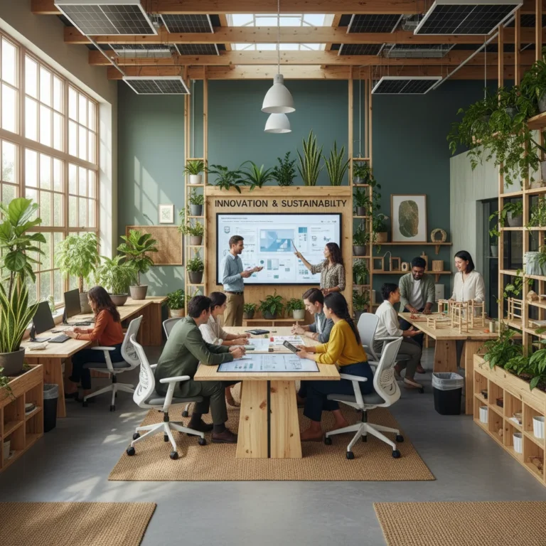Professionals collaborating in an eco-friendly office, representing sustainable workforce practices and green HR.
