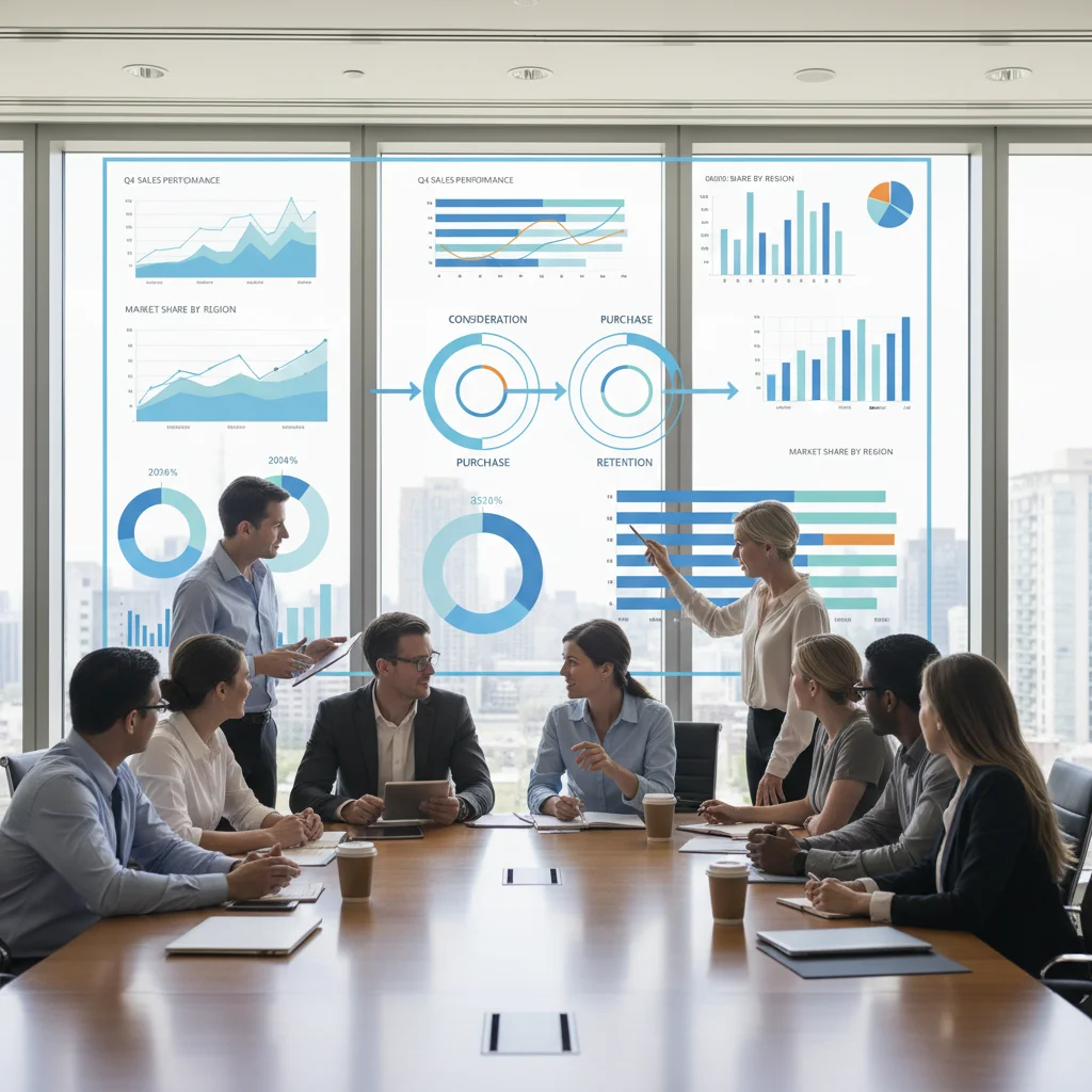 Diverse business team analyzing customer journey maps and data on a large screen.