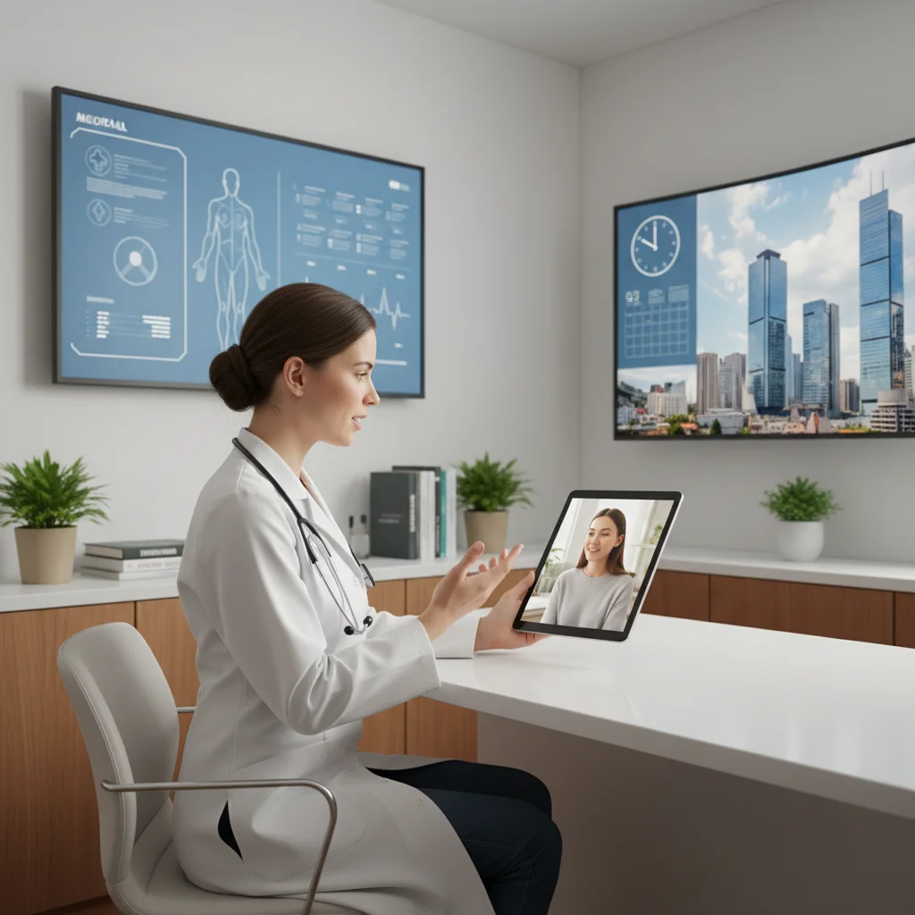 Doctor providing remote telehealth consultation, showcasing digital health accessibility and convenience.