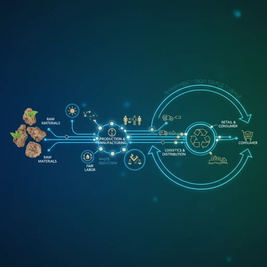 Digital visualization of a transparent and ethical supply chain, featuring elements of renewable energy and fair labor practices.