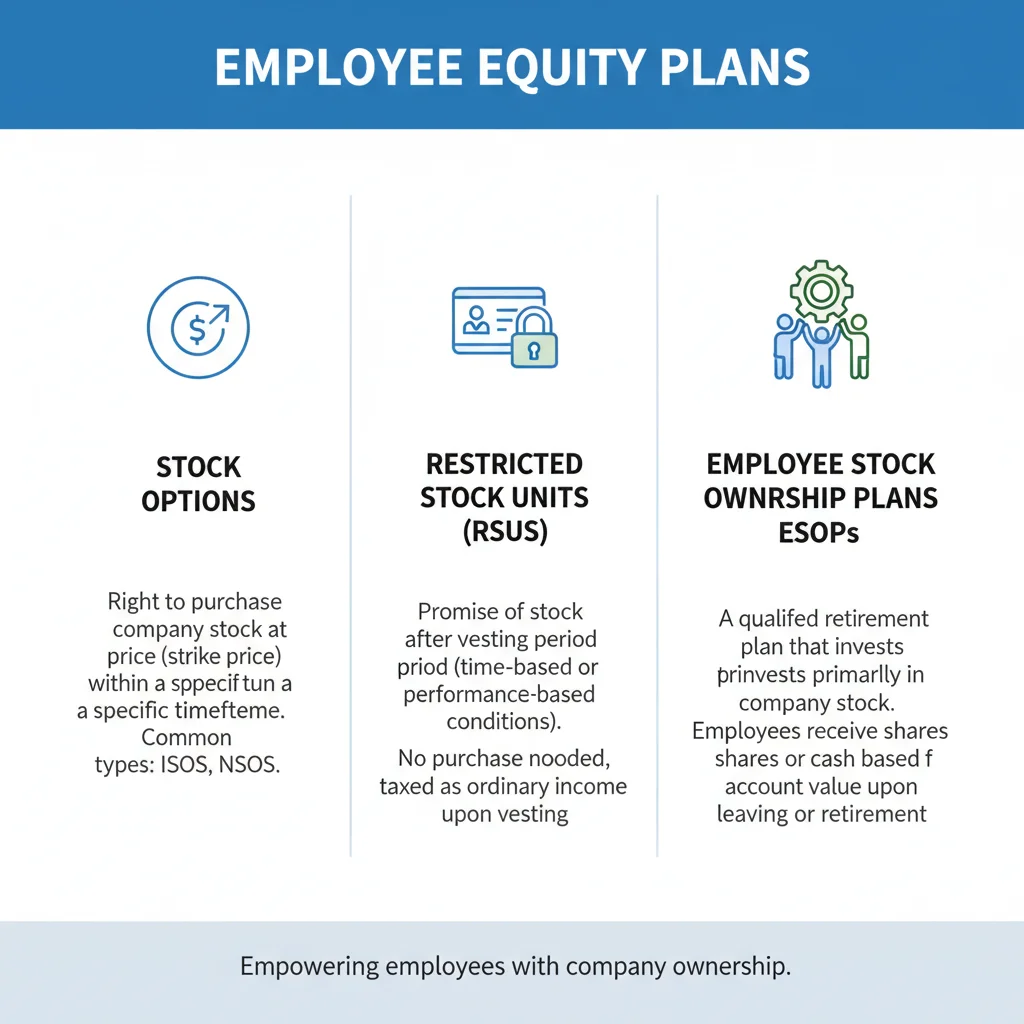 Infographic showing different types of employee equity plans: stock options, RSUs, and ESOPs.