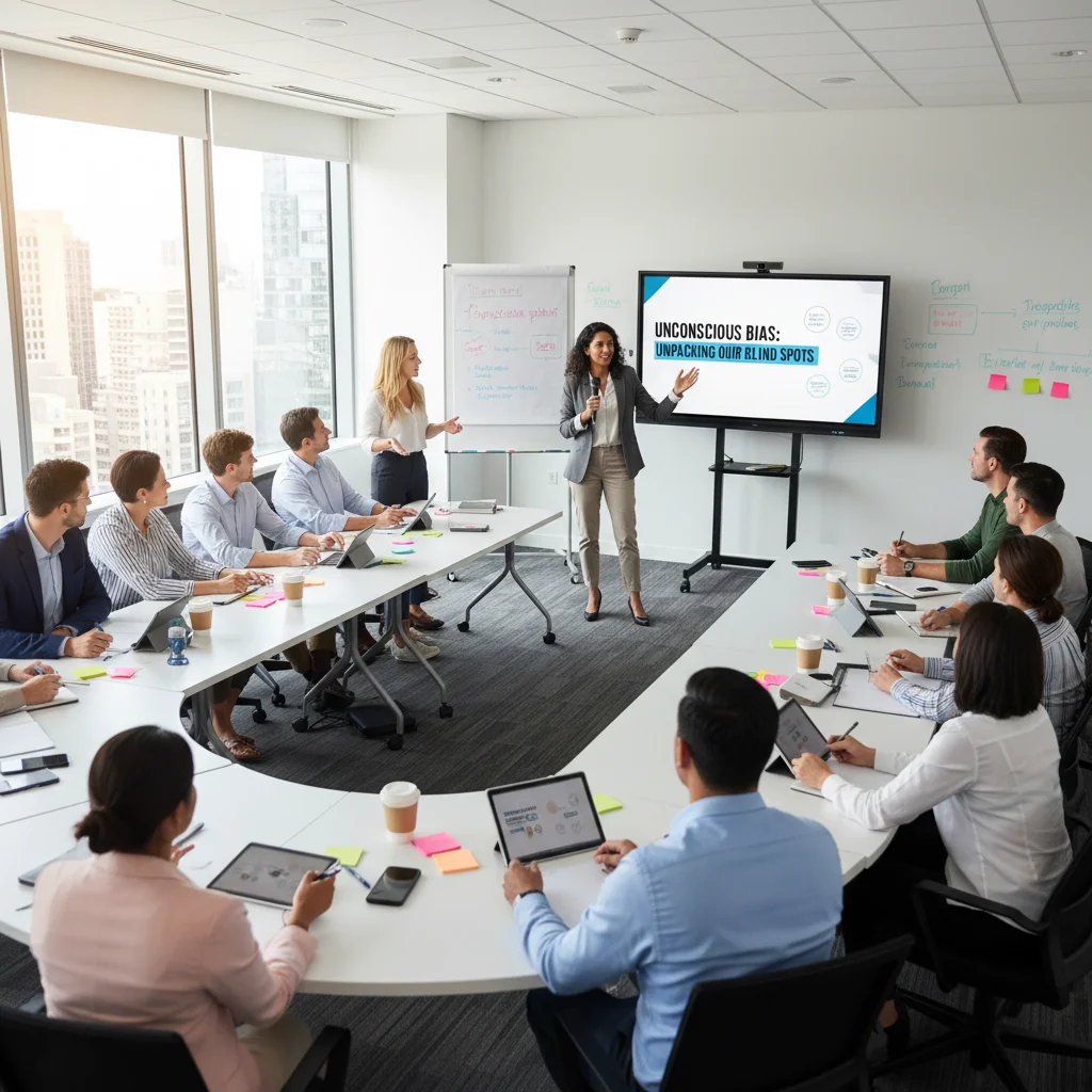 Employees participating in an unconscious bias training workshop, promoting DEI awareness.