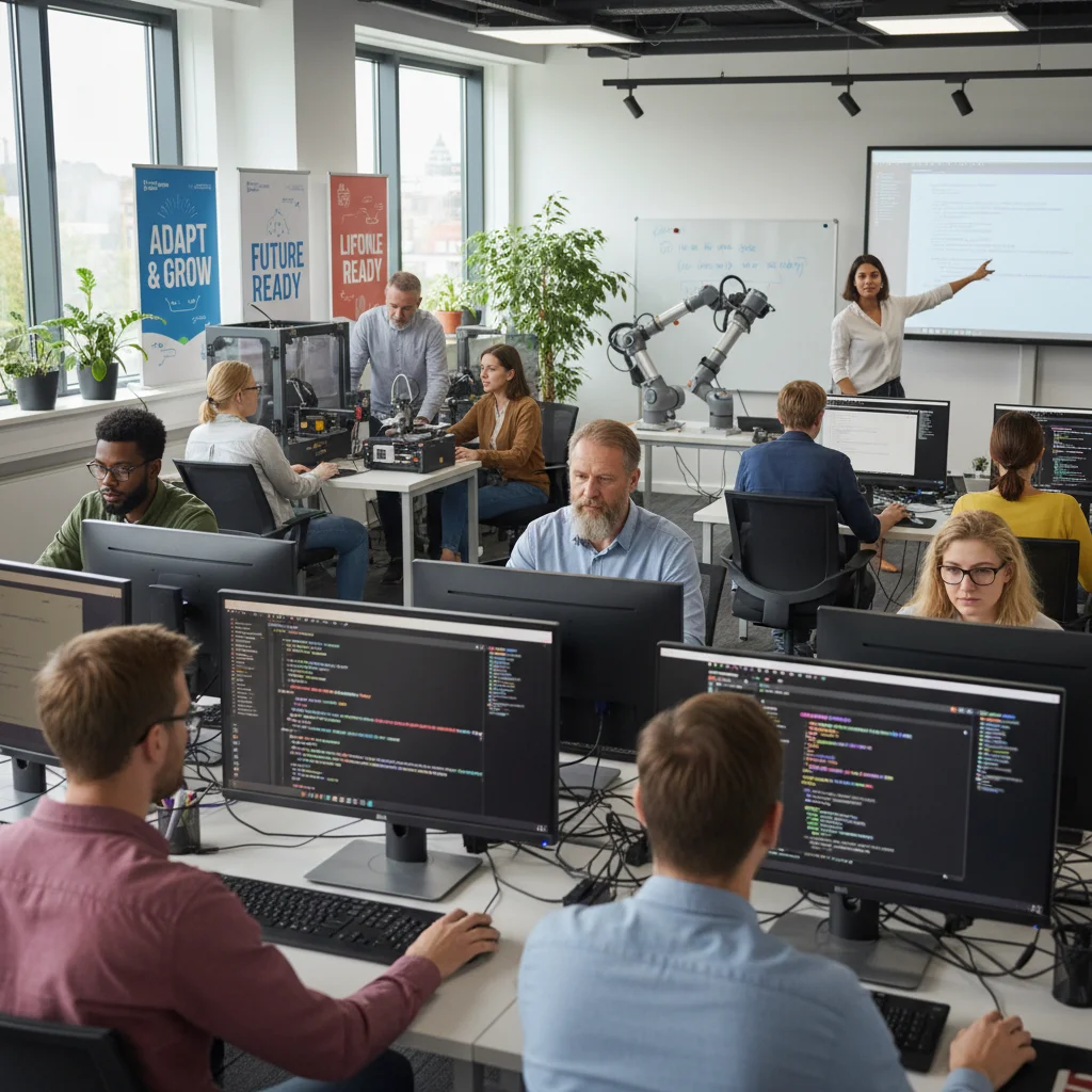 Workers engaged in upskilling and vocational training for new digital and automated roles.