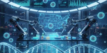 Biotech Breakthroughs: US R&D Investment Surges in Key Areas by 2027 Biotechnology innovation in the US with DNA, AI, and laboratory equipment