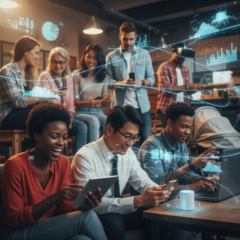Diverse US consumers interacting with digital technology and data points