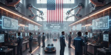 Modern US factory floor with advanced robotics and diverse workforce, symbolizing manufacturing reshoring.