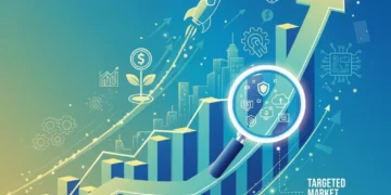 Dynamic US market growth chart with startup icons and a magnifying glass for analysis.