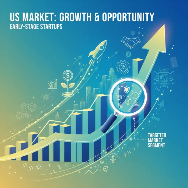 Dynamic US market growth chart with startup icons and a magnifying glass for analysis.