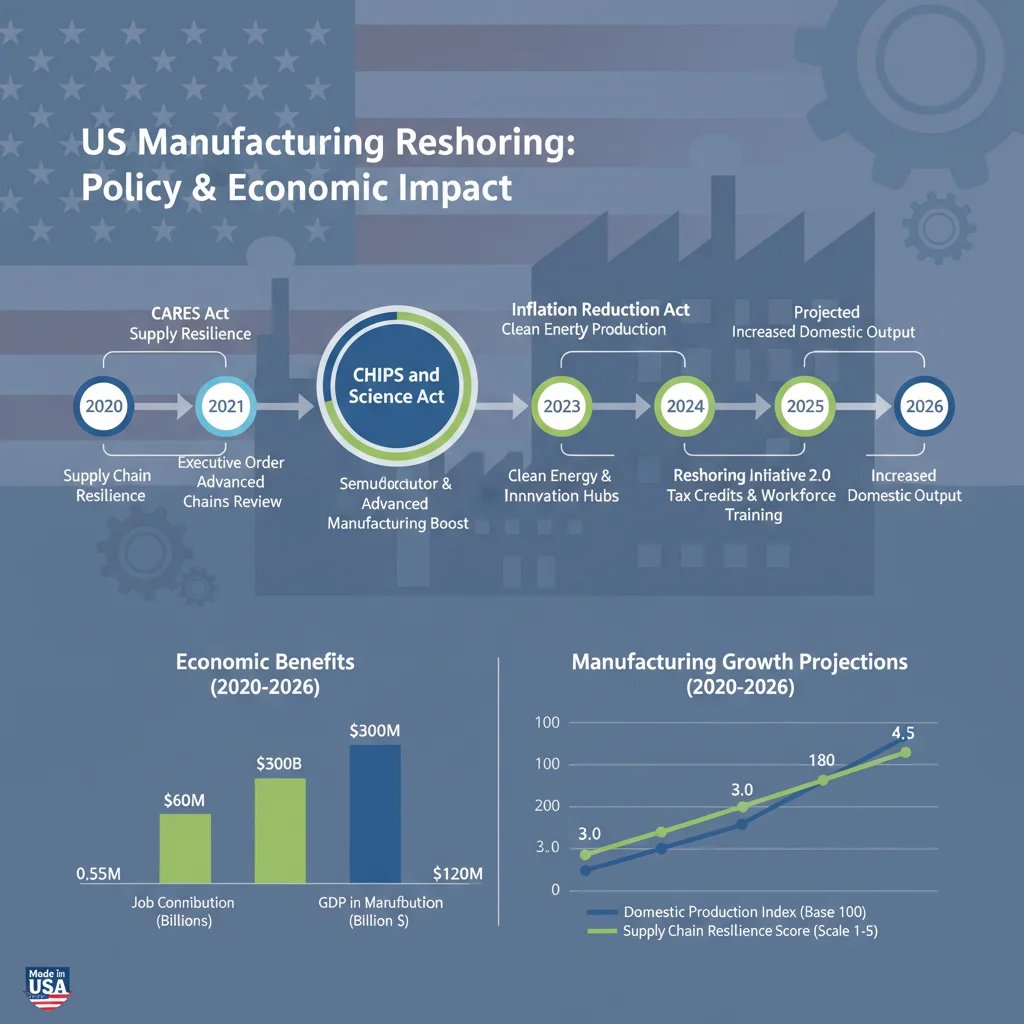 Infographic detailing US government manufacturing reshoring incentives and policy timeline to 2026.