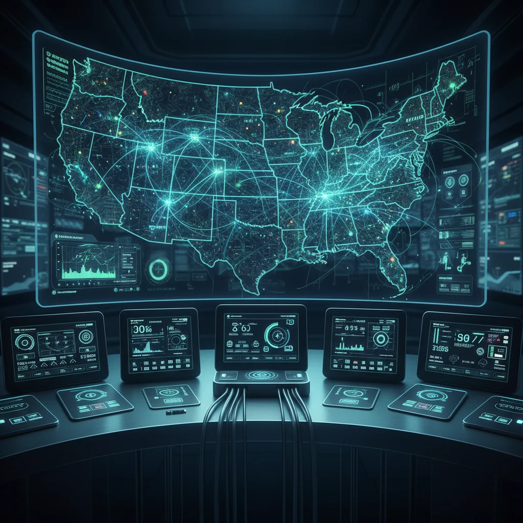Visual representation of the US smart grid infrastructure and energy distribution network.