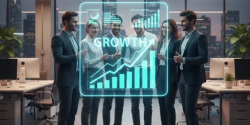 Professionals collaborating on holographic revenue growth chart, symbolizing successful US startup scaling.