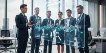 Professionals analyzing voice search data on a holographic display