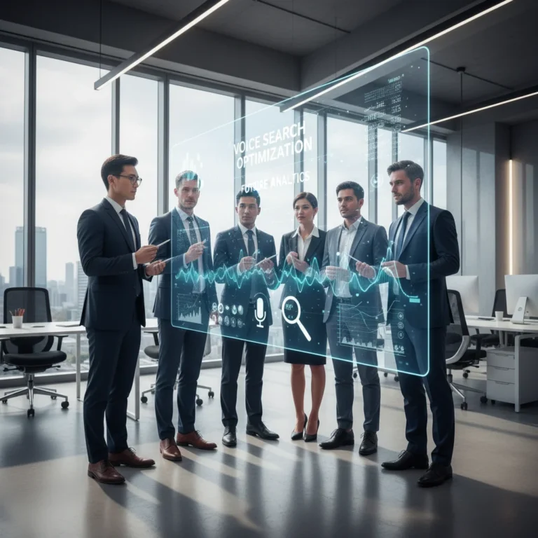 Professionals analyzing voice search data on a holographic display