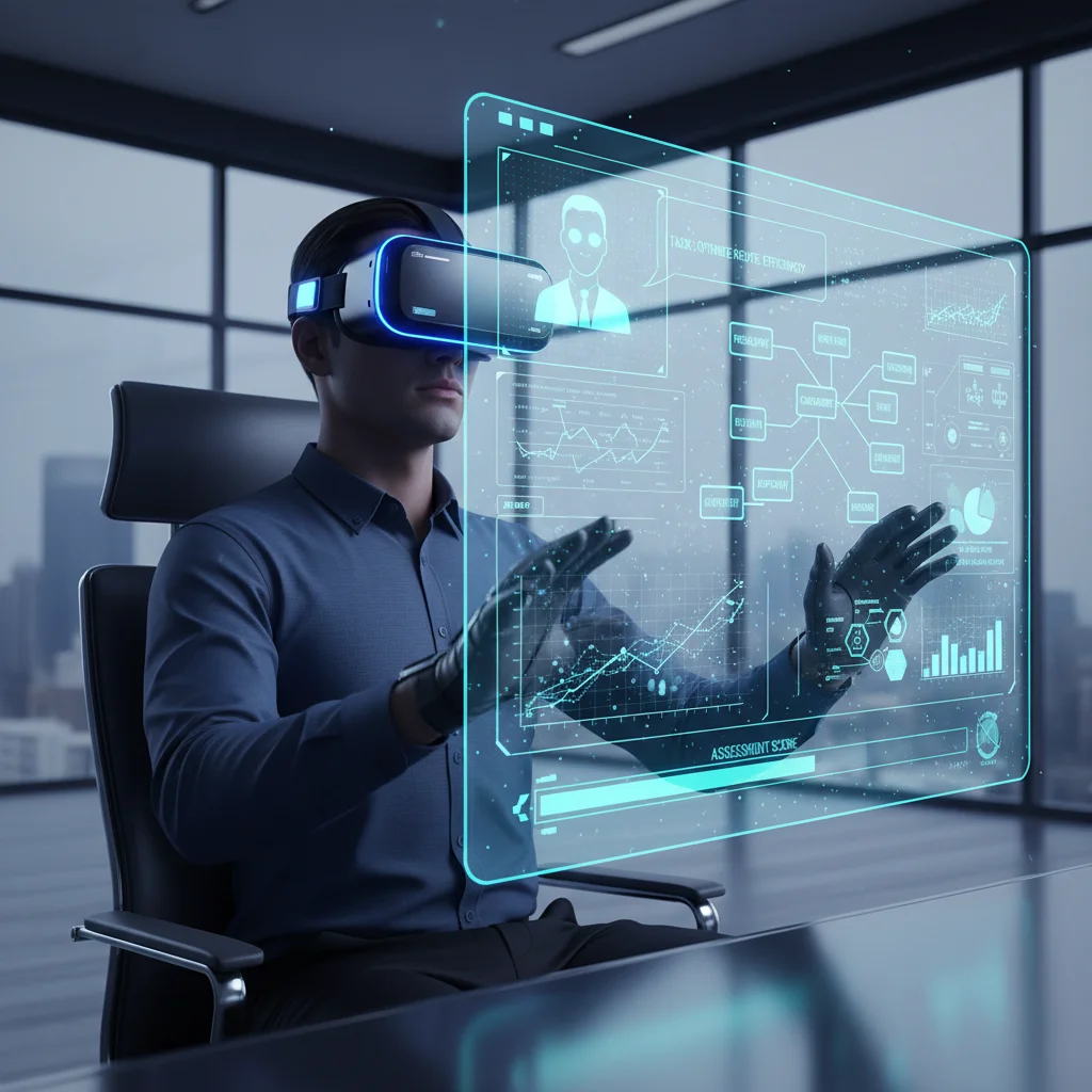 Candidate using a VR headset for a virtual interview or skill assessment.